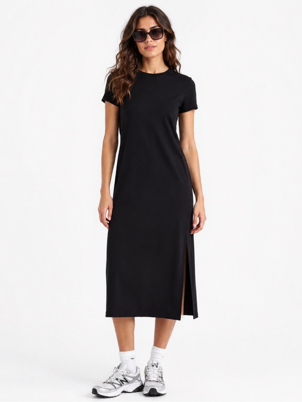Roots Organic Cotton Terry T-Shirt Midi Dress Black Pockets Side Slit Size XS